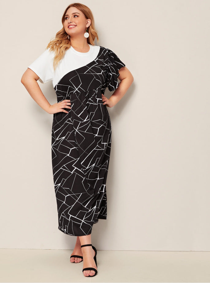 Women Plus Size Maxi Dresses Color Block Short Sleeve Dress