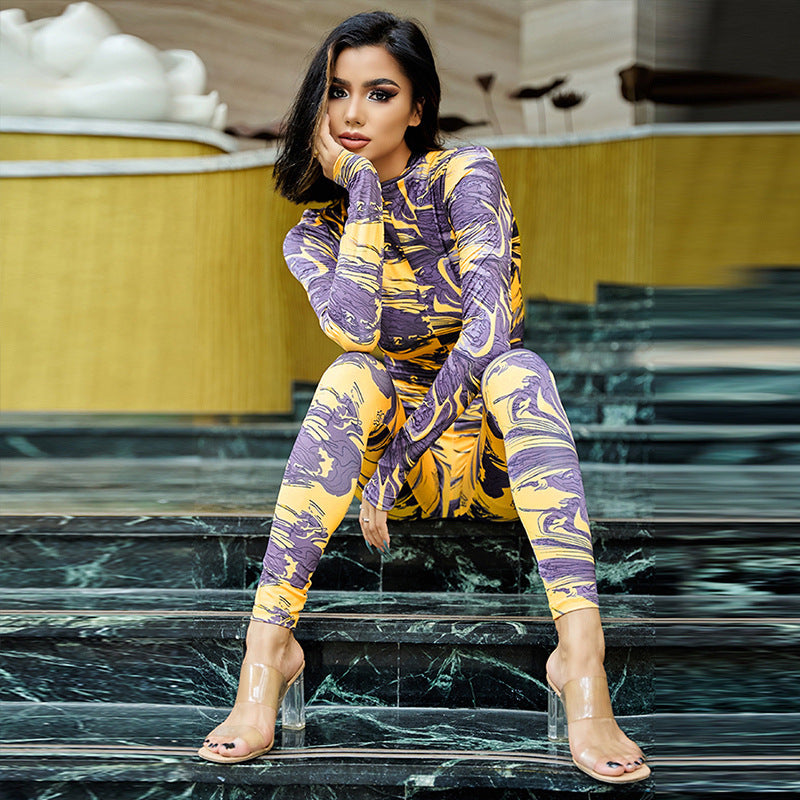 Autumn Printed Contrast Color High Waist Hip Lift Tight Sports Fitness Jumpsuit