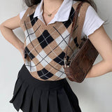 Preppy Aesthetic Outfits Short Retro Pullover Rhombus Knitted Vest Jacket Women's Pullover
