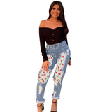 Women Plus Size Jeans Cute Floral Stitching Denim Skinny Pants