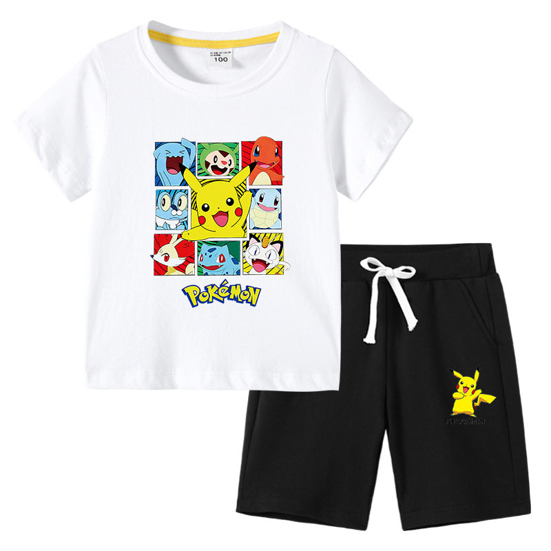 Children Pokemon Pikachu Tshirts & Shorts round Neck Half Sleeve T-shirt Suit Cotton Two-Piece Suit