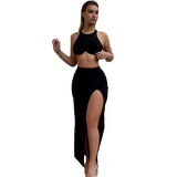 Women Top & Skirt 2 Piece Set Summer Cropped Tank Top Slim Fit Slit Skirt Suit