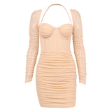 Bella Hadid Dress Mesh Fishbone Pleated Backless Tight Suspender Dress