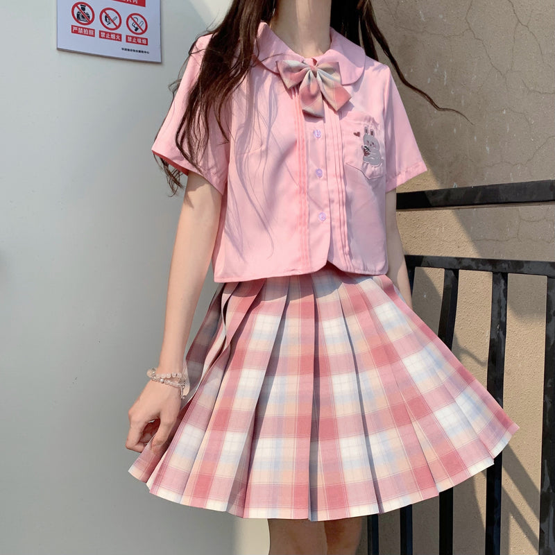 Gothic Lolita Harajuku Style Clothing Embroidered Strawberry Rabbit JK Uniform Short Sleeve round Neck Shirt Top