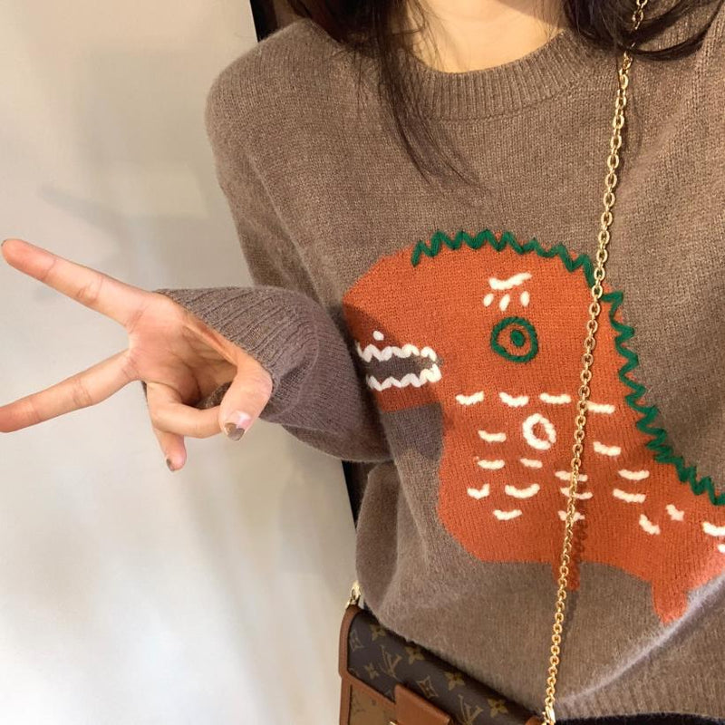 Dinosaur Sweaters round Neck Knitted Sweater