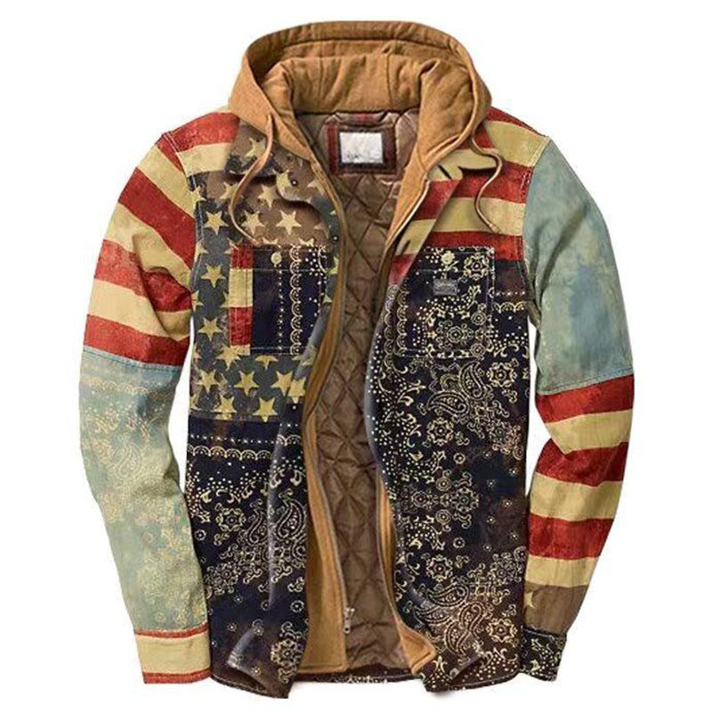 Mens Flannel Jacket with Hoodie Thickened Cotton-Padded Coat Printing Hooded Hooded Jacket Coat Shirt Men