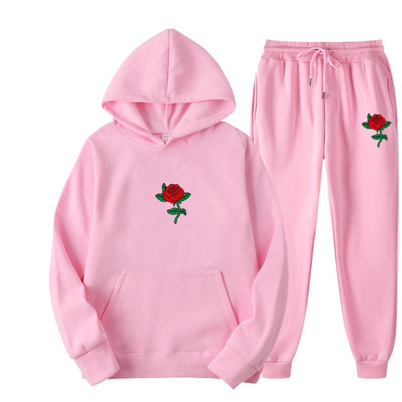 Black Rose Hoodie Men's and Women's Sports Sweater Pants Two-Piece Set