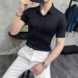 Men Shirts Short Sleeve Shirt Slim Fit Business Pure Color Lapel Bottoming Shirt