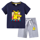 Children Pokemon Pikachu Tshirts & Shorts Cotton Children Short Sleeve Shorts Two Pieces