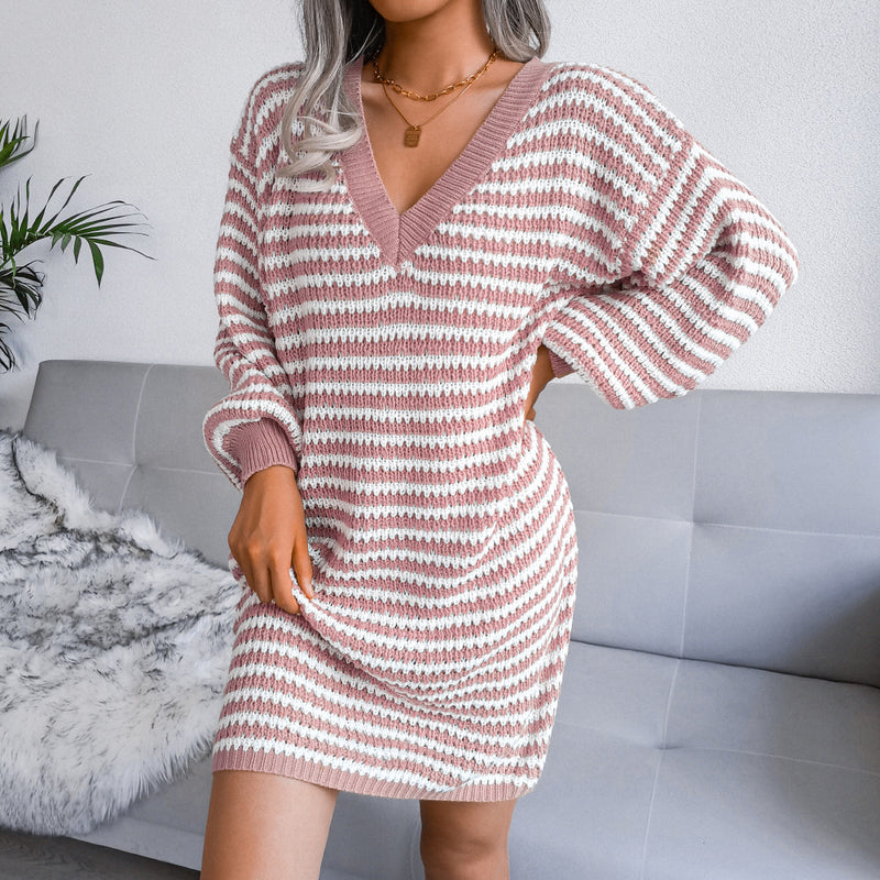 Sweater Dress Outfit With Tights 2 Pieces Set Autumn and Winter Striped Hollow out Woolen Skirt Knitted Dress