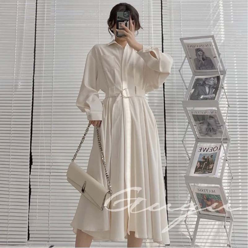 Fairy Dress Shirt Apricot Dress Fall French Waist-Controlled Long Sleeves Fairy Dress