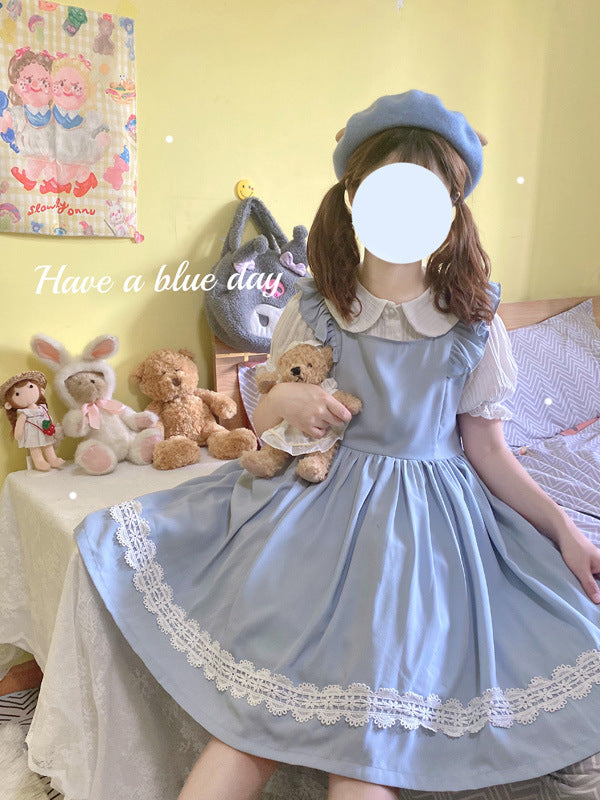 Gothic Lolita Harajuku Style Clothing Earth Lolita Peter Pan Collar Short Sleeve Inner JSK Solid Color Dress