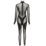 Fall Women's Clothing Sexy Mesh See-through Slim Fit Patchwork High Waist One-Piece Trousers