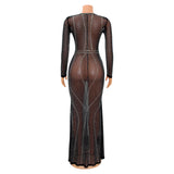 Kesha Black Dress Women's Fashion Sexy Mesh See-through Nightclub Hot Rhinestone Long Dress Women