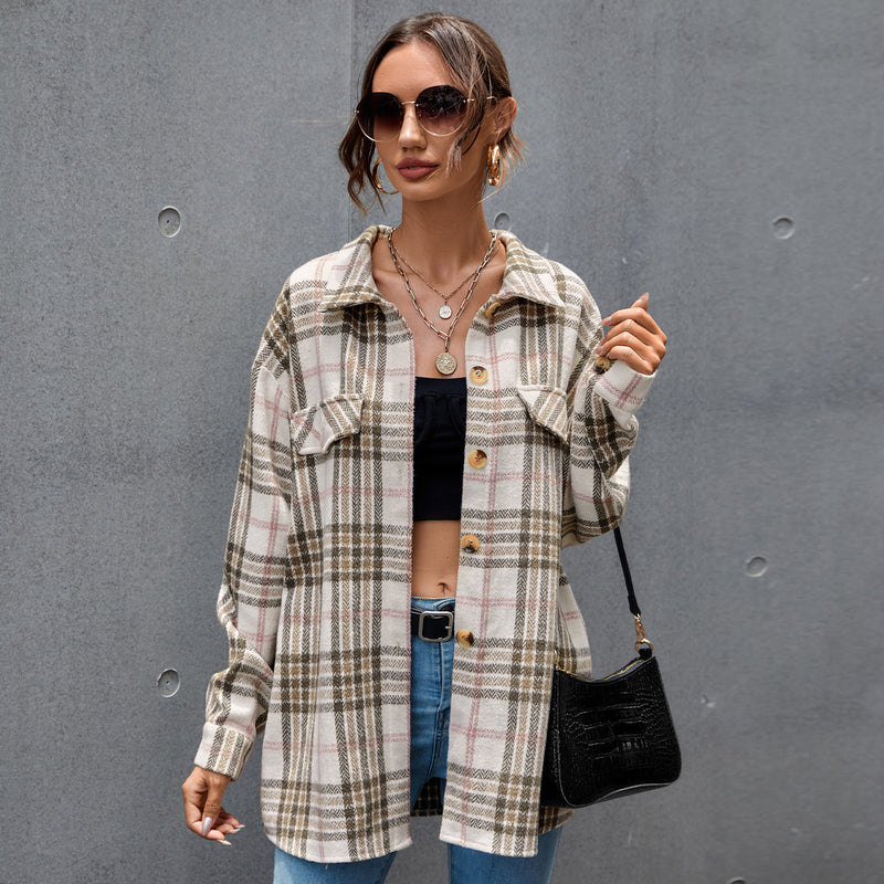 Beth Dutton Outfits Autumn and Winter Plaid Harajuku Cardigan Single-Breasted Long Sleeve Cotton Polo Collar Shirt
