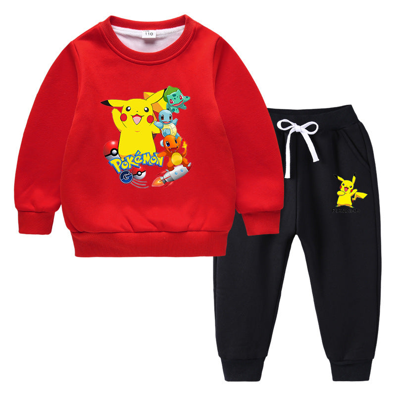 Children Pokemon Pikachu Hoodie & Pant Set Sweater Suit Fleece Lined Padded Warm Keeping Winter Clothes