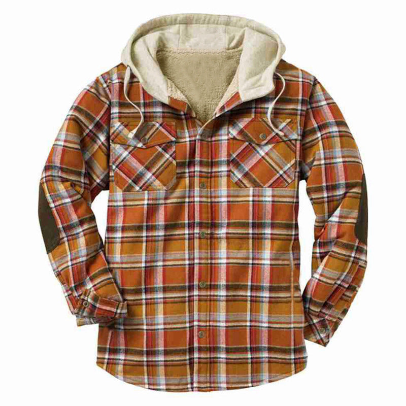 Mens Flannel Jacket with Hoodie Autumn and Winter Plaid Hooded Shirt Long Sleeve Loose Patch Pocket Padded Jacket