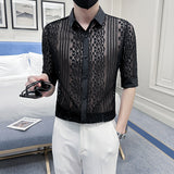 Transparent Shirt For Men Large Size Slim Hollow Lace Men