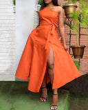 Women Plus Size Midi Dresses Fashionable Off-Shoulder Pure Color Split Dress