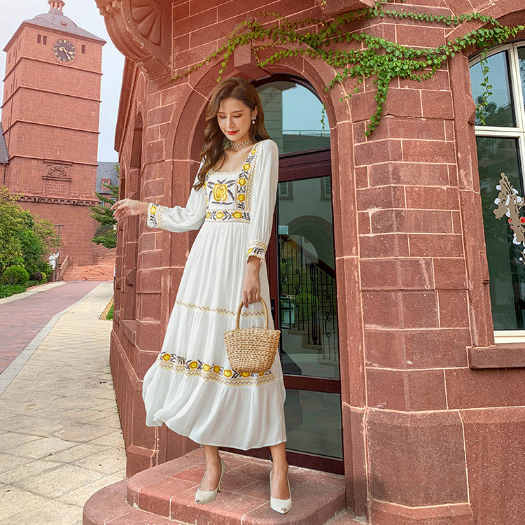 Beth Dutton Bohemian Dress Winter Autumn Midi Dresses Embroidered French Dress Square Collar Midi Dress