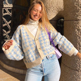 Preppy Aesthetic Outfits Plaid Knitted Coat Women's V-neck Knitted Sweater Women's Casual Coat