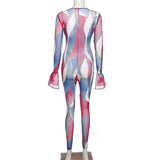 Autumn Sexy Hollow Mesh Printing High Waist Tight Sports Casual Jumpsuit