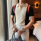 Men Short Sleeve T-Shirt Color Block Knitted Polo Shirt Summer Lapels T-shirt