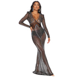Kesha Black Dress Women's Fashion Sexy Mesh See-through Nightclub Hot Rhinestone Long Dress Women