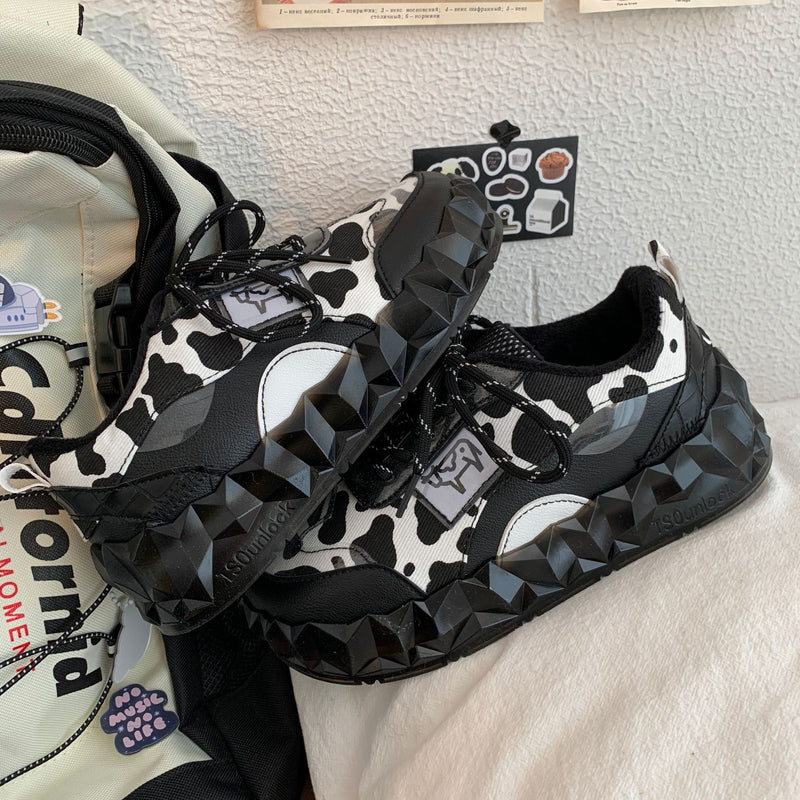 Cow Print Hey Dude Shoes Thick-Soled White Shoes for Female Students Fashion Sports Board Shoes