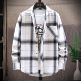 Mens Flannel Jacket Brushed Plaid Slim-Fit Long-Sleeved Shirt Fashion Shirt