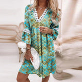 Women Exotic Dresses V-neck Printed Lace Dress