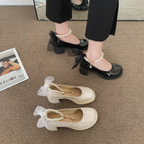 Nude Block Heel Sandals Vintage Bow Leather Shoes
