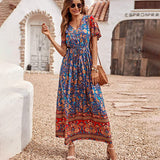 Beth Dutton Bohemian Dress Summer Spring Midi Dresses V-neck Waist Trimming Printing Vacation Beach Dress
