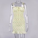 Women Summer Dresses Mini Dress Sexy Off-The-Shoulder Floral Tie-Neck Ruffled Spaghetti Straps Short Dress For Women