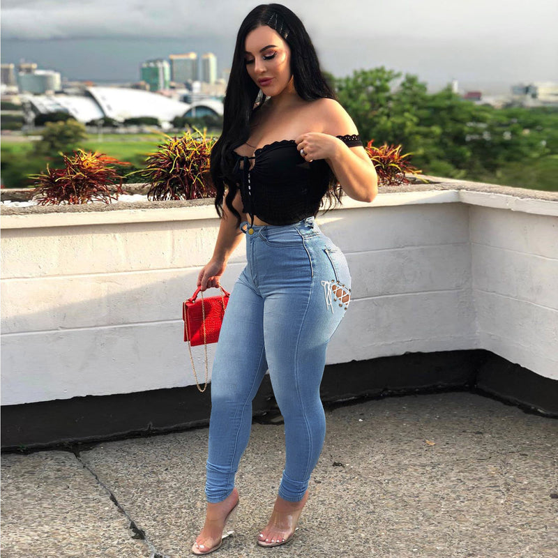 Women Plus Size Jeans Lace-up Denim Slim Fit Slimming Skinny Pants