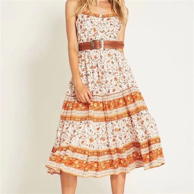 Beth Dutton Bohemian Dress Summer Spring Midi Dresses Printed Elastic Waist Suspender Dress