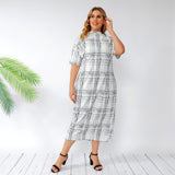 Women Plus Size Maxi Dresses Summer Plaid Stand Collar Short Sleeve Bodycon Dress