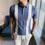 Men Short Sleeve T-Shirt Contrast Color Stripes Lapel Short Sleeve Polo Shirt