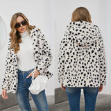 Women Dalmatian Coat Leopard Print Stud for Autumn and Winter Coat Loose Hooded Lambswool
