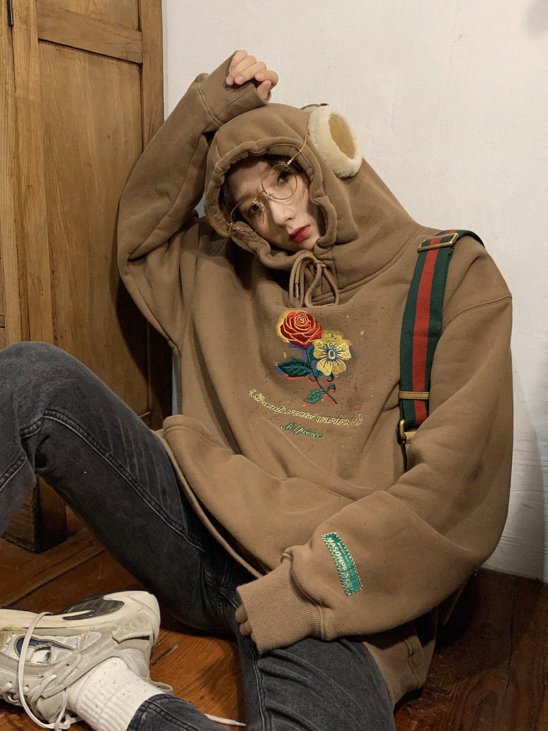 Black Rose Hoodie Vintage Fleece-Lined Thickening Embroidery Rose Sweater