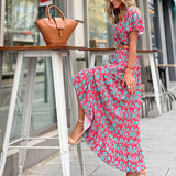 Women Bohemian Dress Women's Summer Sexy V-neck Short Sleeve Printed Dress