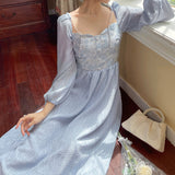 Fairy Dress French Romantic Elegant Blue Rose Jacquard Autumn Pearl over the Knee A- line Long Dress Temperament Female