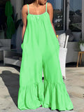 Women Plus Size Pants Suspenders Loose Flared Solid Color Jumpsuit