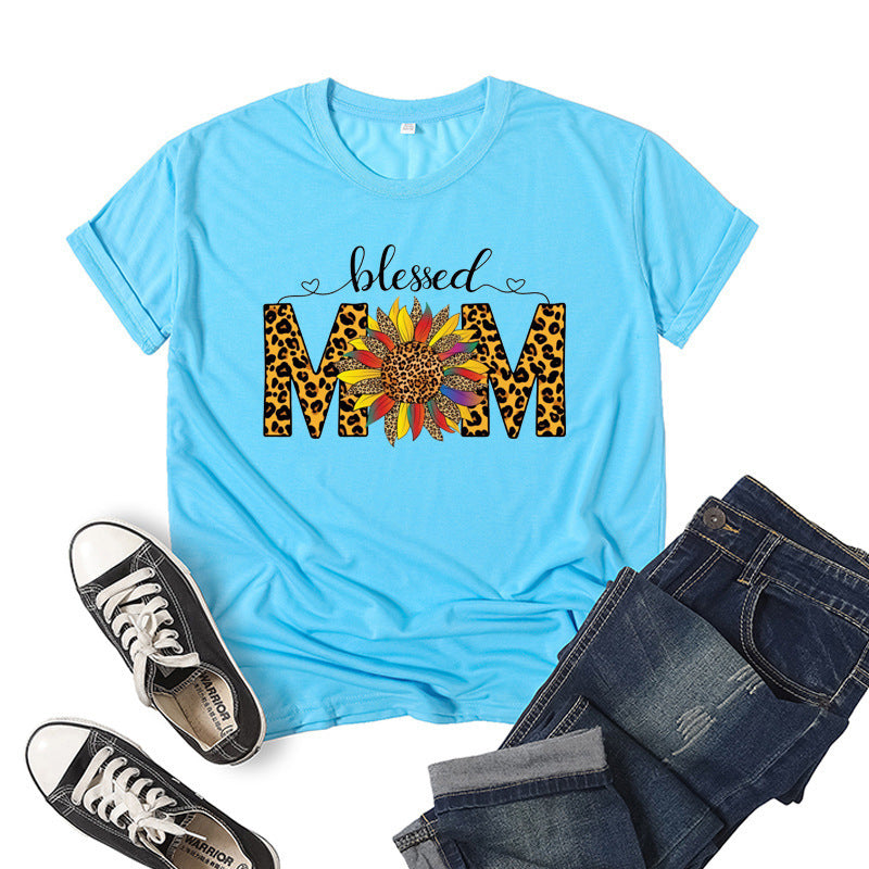 Boy Mama T Shirt Sunflower Blessed Mama Printed Short Sleeve round Neck T-shirt