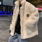 Men's Autumn Winter Coat Stand Collar Plush Cotton Coat with Solid Color