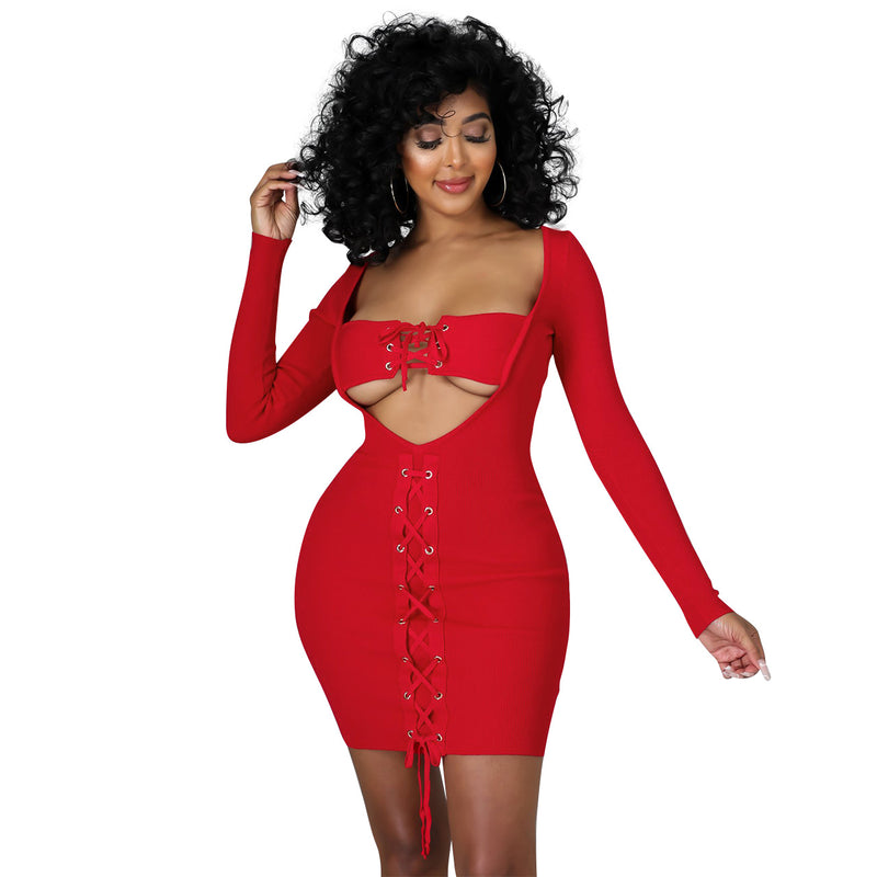 Autumn Thread Eyelet Lace-up Slim-Fit Sexy Dress