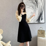 Fairy Dress Knitted Dress for Women Autumn Mesh Sleeves Mid-Length Sweater Bottoming A- line Dress