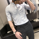 Men Shirts Slim-Fit Half-Sleeve Striped Stand-up Collar Shirt