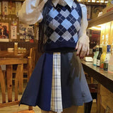 Preppy Aesthetic Outfits Spring Vintage Hit Color Diamond Lattice Knitted Waistcoat for Women V-neck Pullover Sweater