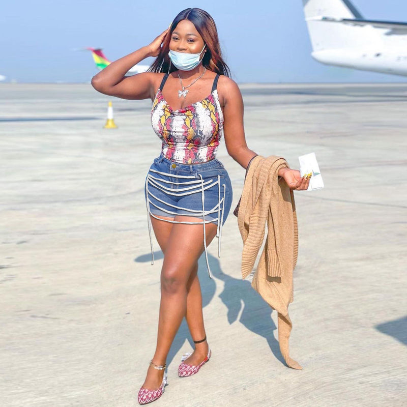 Women Plus Size Jeans Lace-up Denim Shorts